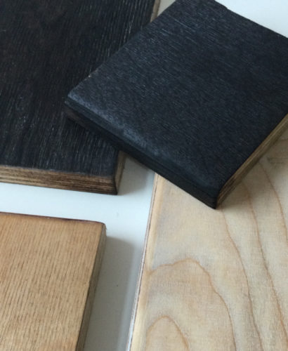 Samples of plywood, with limed and shou sugi ban finishes.