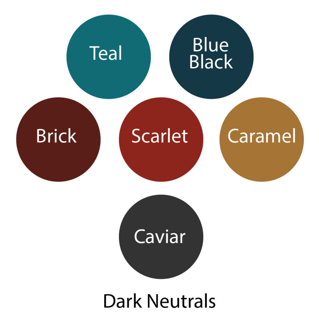 A colour palette of dark neutral colours, in reds, blues, tans and charcoal.