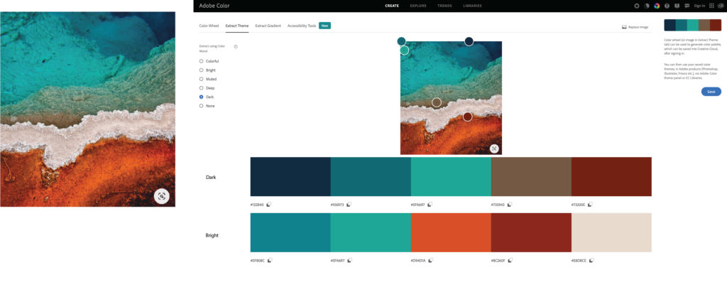 A screen shot of the adobe tool that creates colour themes from images. The source image is on the left. The colour palettes are below the screen shot.