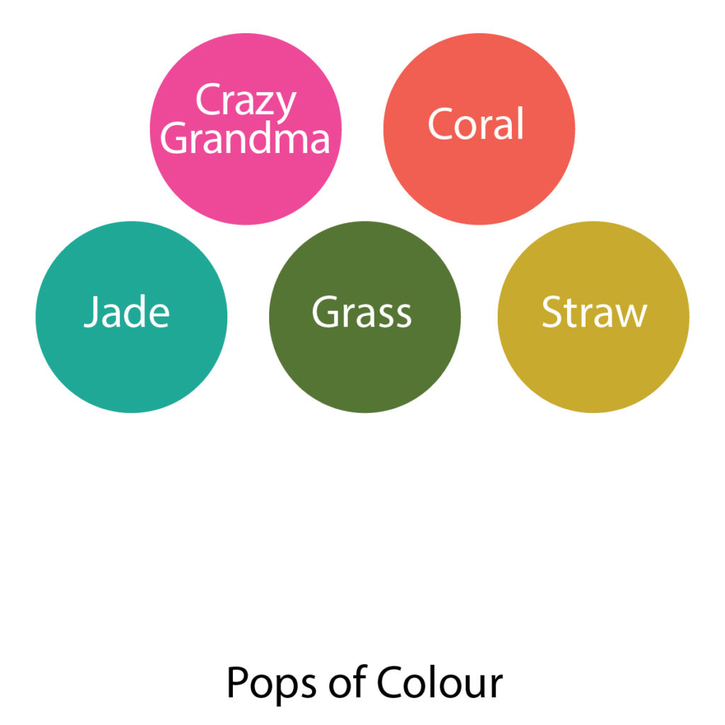 A palette of colours including hot pink, bright coral, jade green, grass green and straw yellow.
