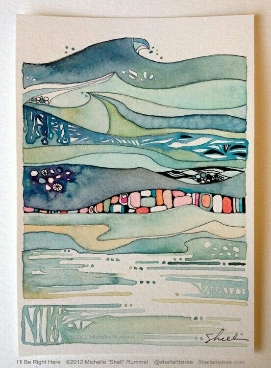 Original watercolour abstract art by Michelle Rummel, in soft green and blue colours, with bright spots of coral, peach and pink.